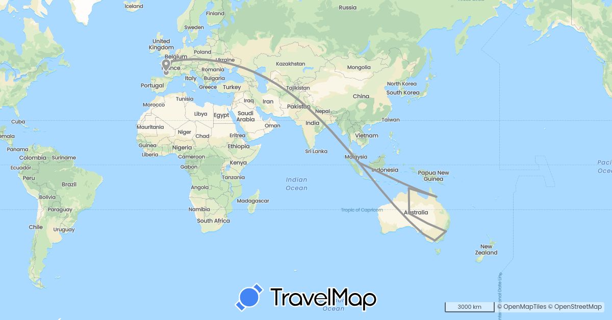 TravelMap itinerary: plane in Australia, France, Singapore (Asia, Europe, Oceania)